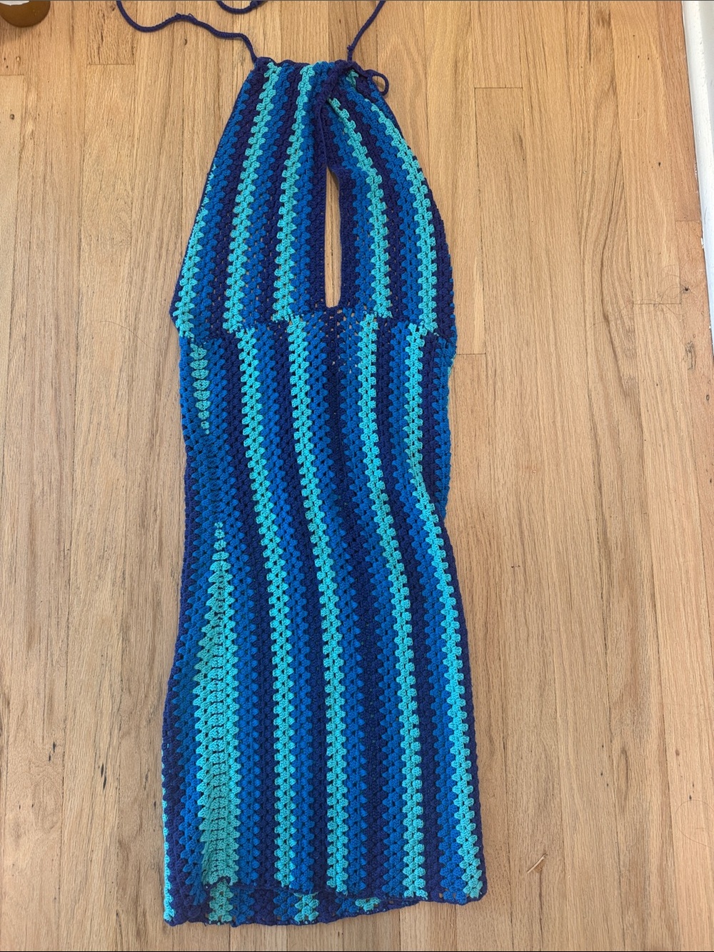 Lovers + Friends Crochet Halter Swim Coverup in Bright Blue & Teal Stripes